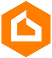 Orange hexagonal logo with a white house design, symbolizing home and construction.