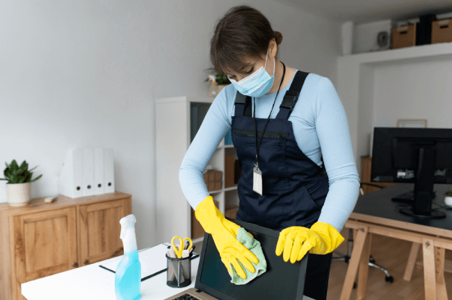 Person in yellow gloves wiping a laptop screen in a tidy office, with cleaning supplies nearby.