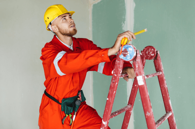 Worker in orange jumpsuit and yellow hard hat measuring on a red ladder.