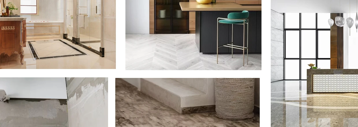 Collage of modern interiors with stylish flooring, chic bar, luxe bathroom, and elegant decor.