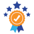 Orange ribbon badge with checkmark and blue stars, symbolizing quality and achievement.