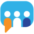 Speech bubble with three abstract figures in orange, white, and blue, symbolizing collaboration.
