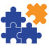 Three blue and one orange puzzle piece, with one slightly apart, symbolizing connection.
